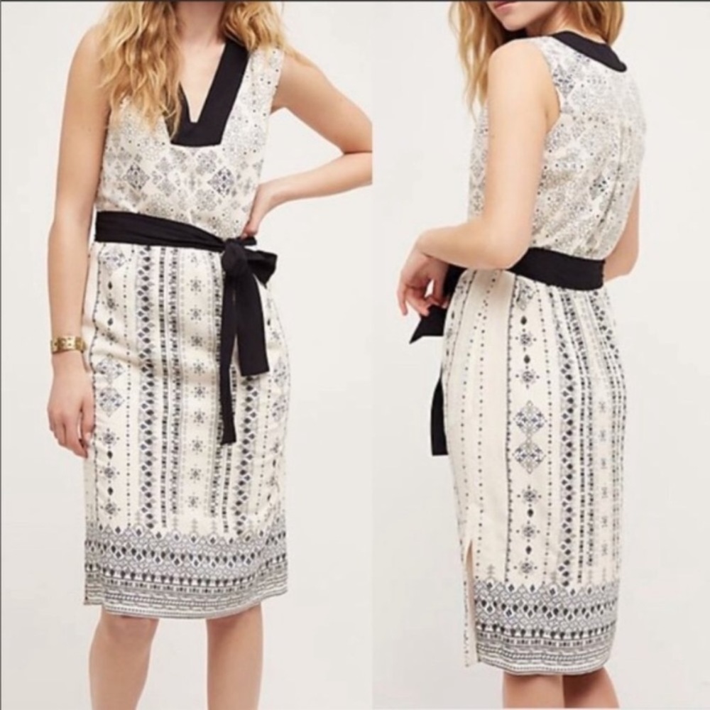 Anthropologie Cream and Black Printed Midi Dress